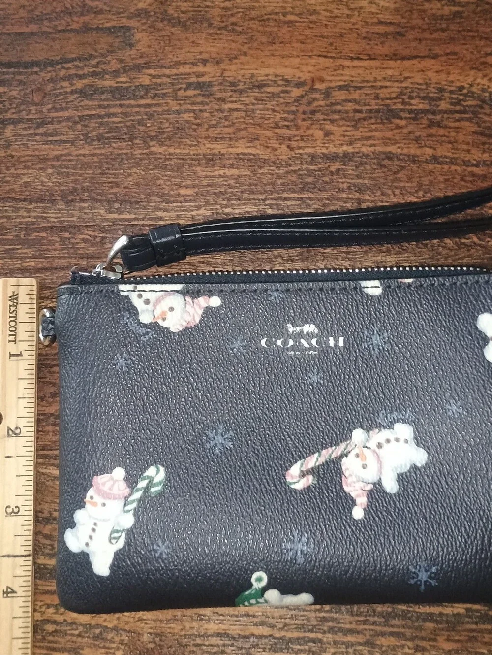 Coach Black Wristlet with Snowman Candy-Cane Print Gift Festive